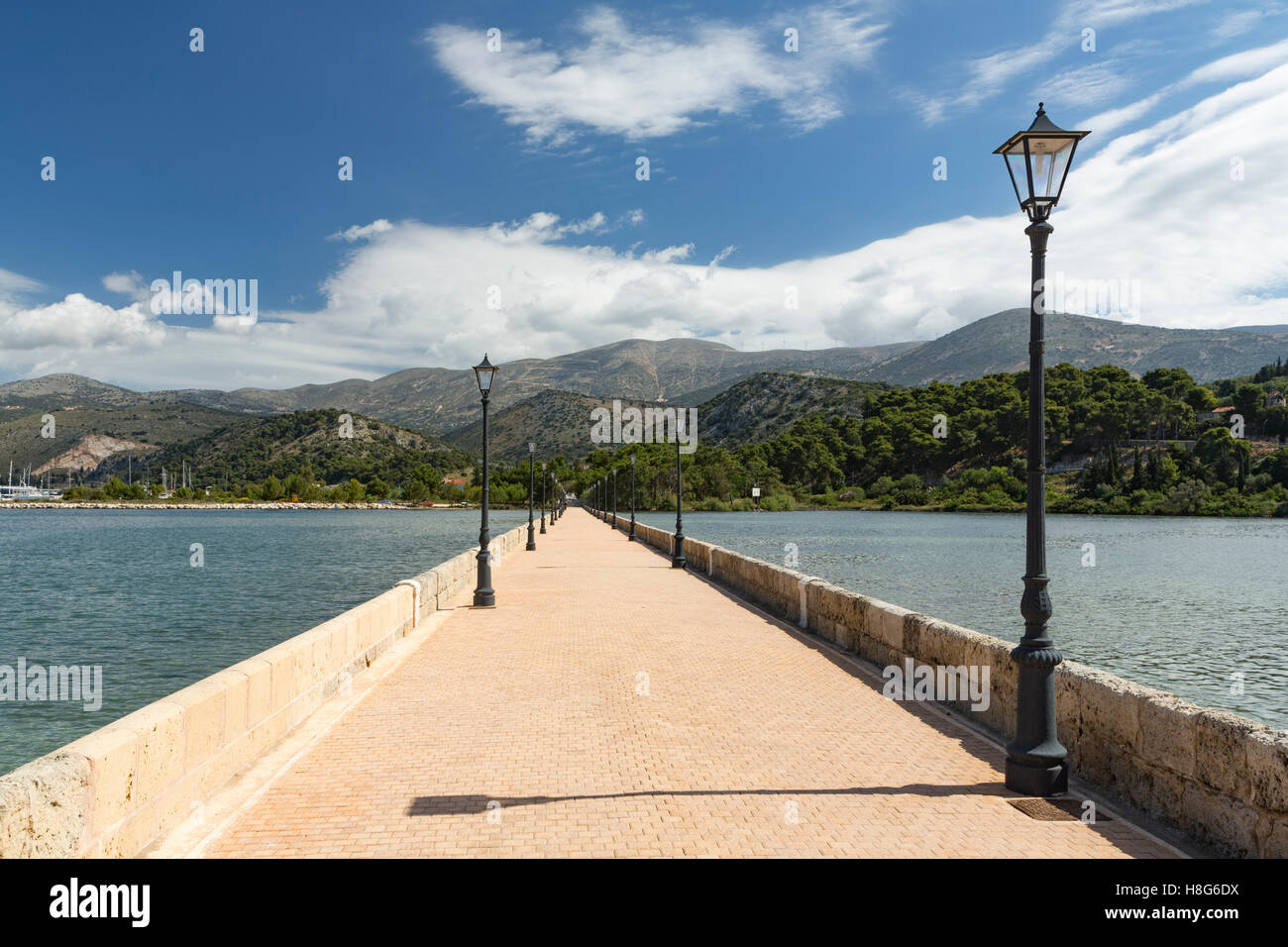 Drapano Bridge crosses over Argostoli Bay, Kefalonia. Stock Photo
