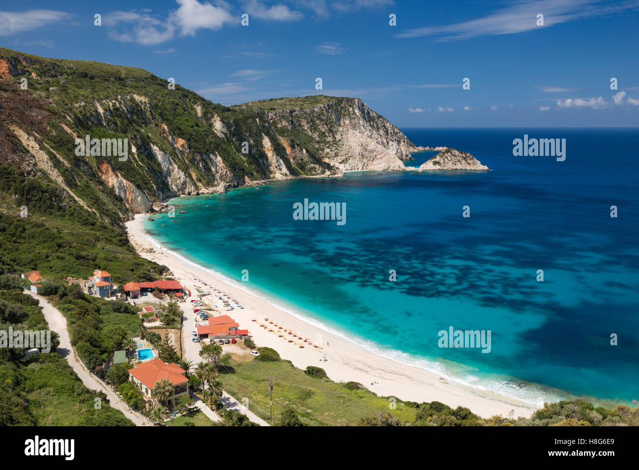 Petani Beach has white sand and clear turquoise sea,Petani Bay, Kefalonia, Greece. Stock Photo