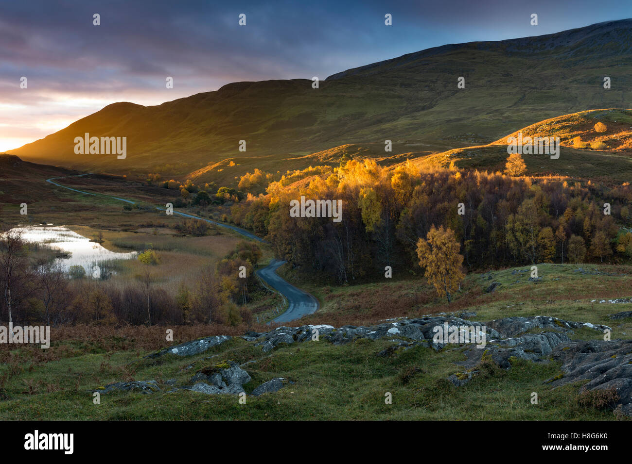 Lochan an Daim and the foot hills of Schiehallion are lit by the strong orange light of sunrise. Stock Photo
