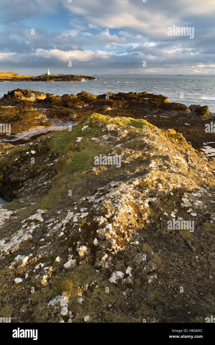 Elie Ness Lighthouse stands on an outcrop of rocks on the Firth of Forth. Stock Photo