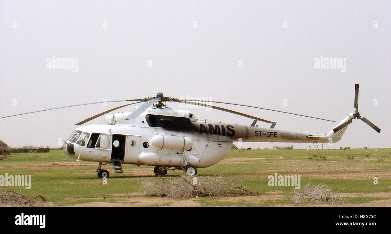 31st August 2005 A Mil Mi-17 “Hip” helicopter operated by AMIS in Bir Meza, near Kutum in northern Darfur, Sudan. Stock Photo