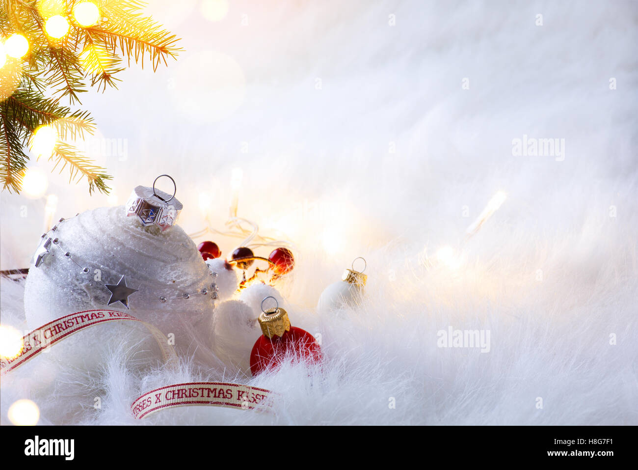 Christmas holidays decoration and tree light on white background Stock Photo
