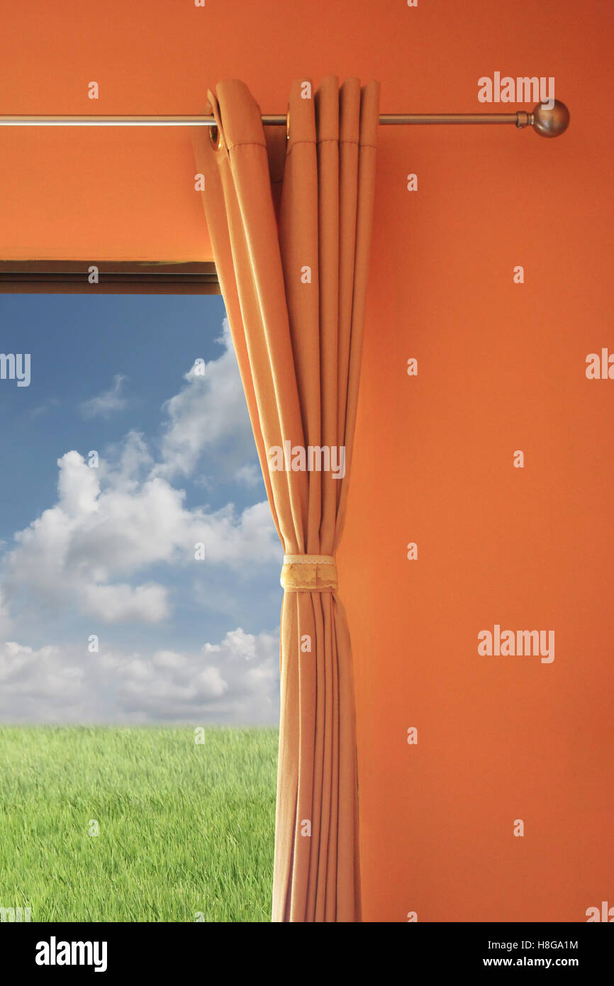 orange room have a window with blinds you can see green Meadow and sky