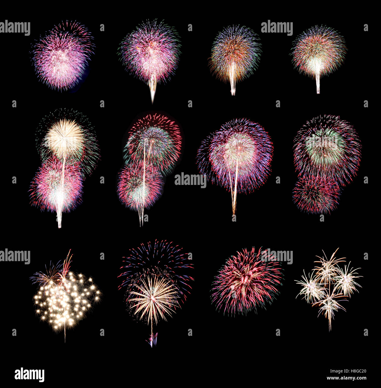 Variety of colors Mix Fireworks or firecracker Collections in the darkness background. Stock Photo