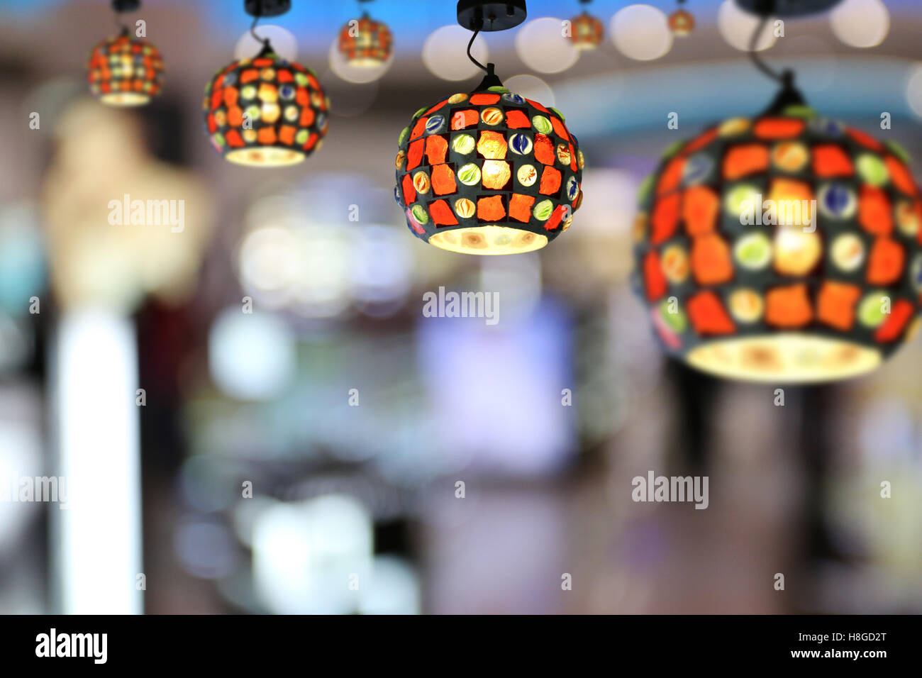 Warm lighting modern ceiling lamps in the cafe and interior decoration ...