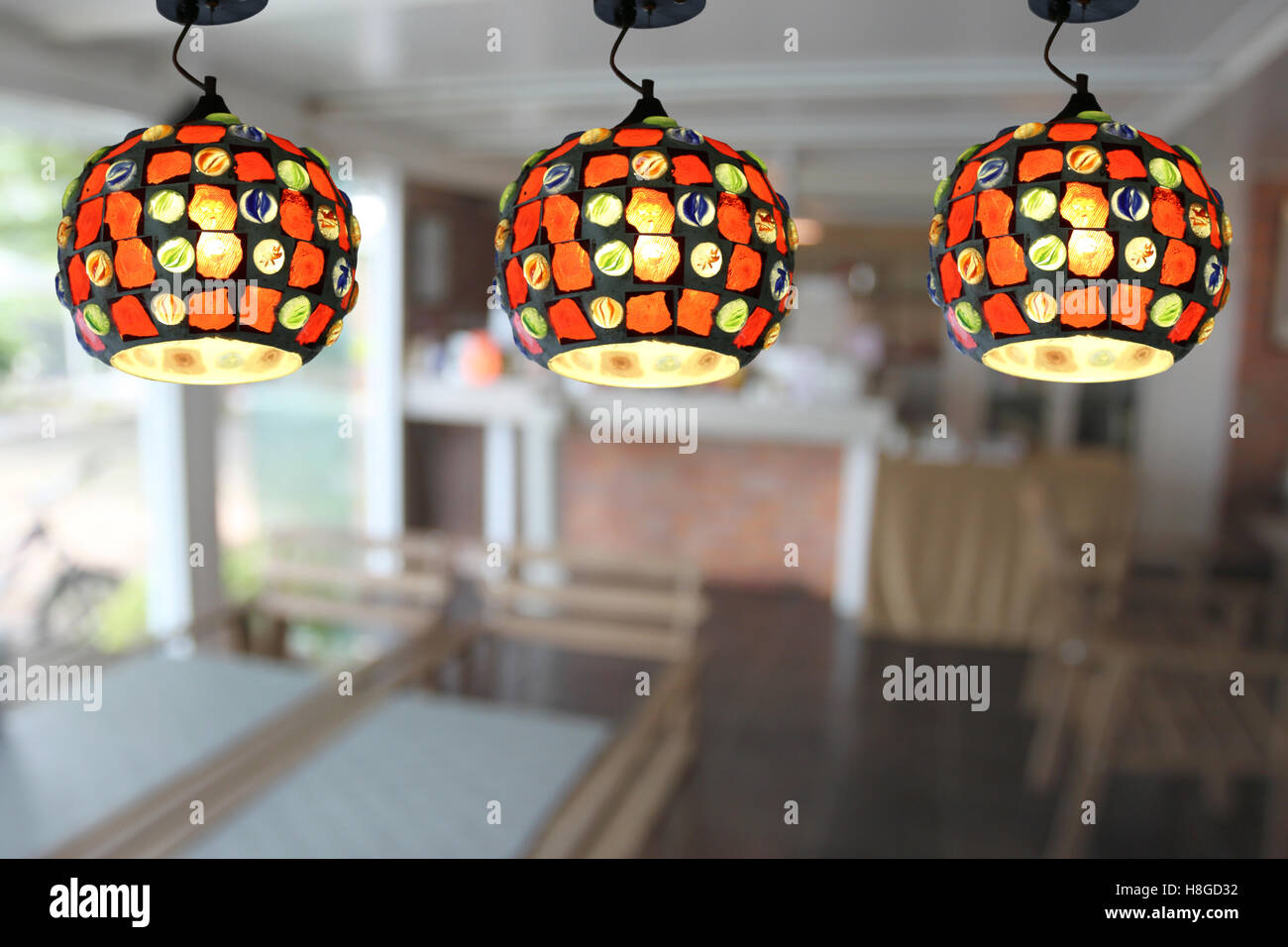 Warm lighting modern ceiling lamps in the cafe and interior decoration ...