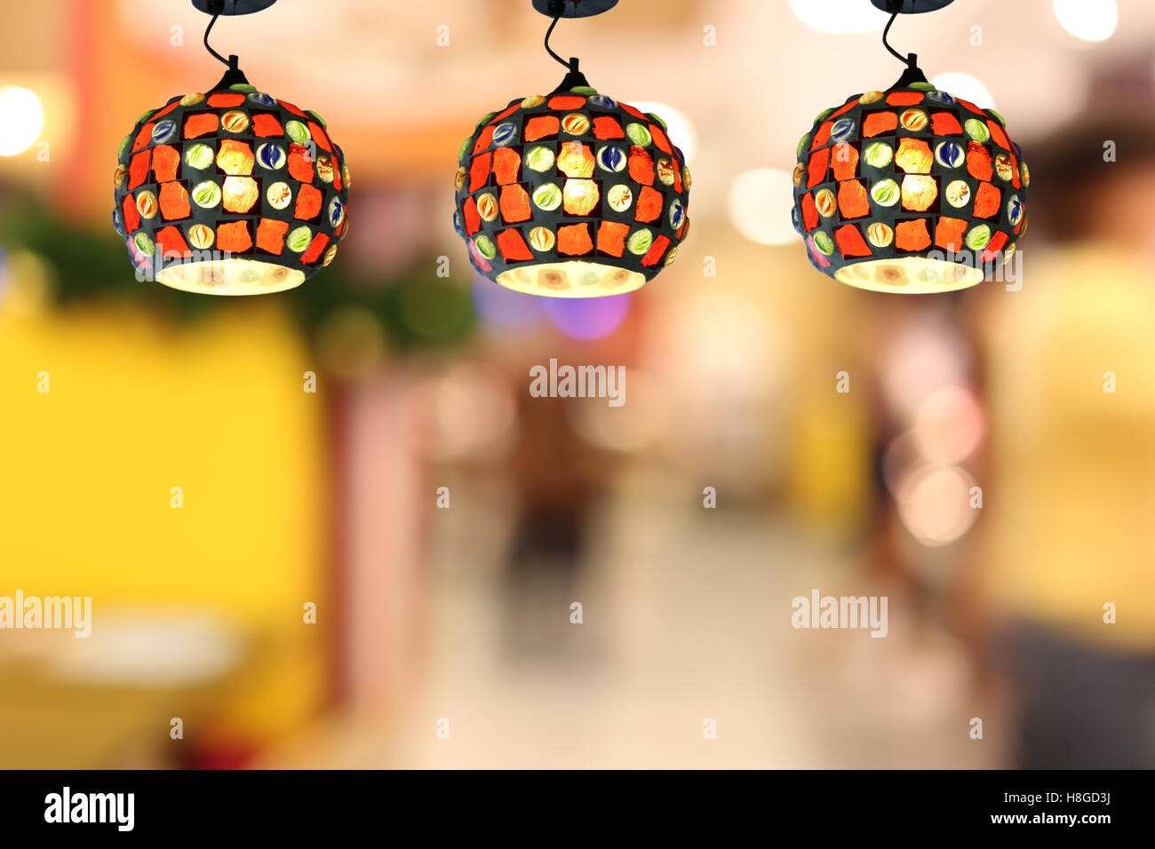 Warm lighting modern ceiling lamps in the cafe and interior decoration ...