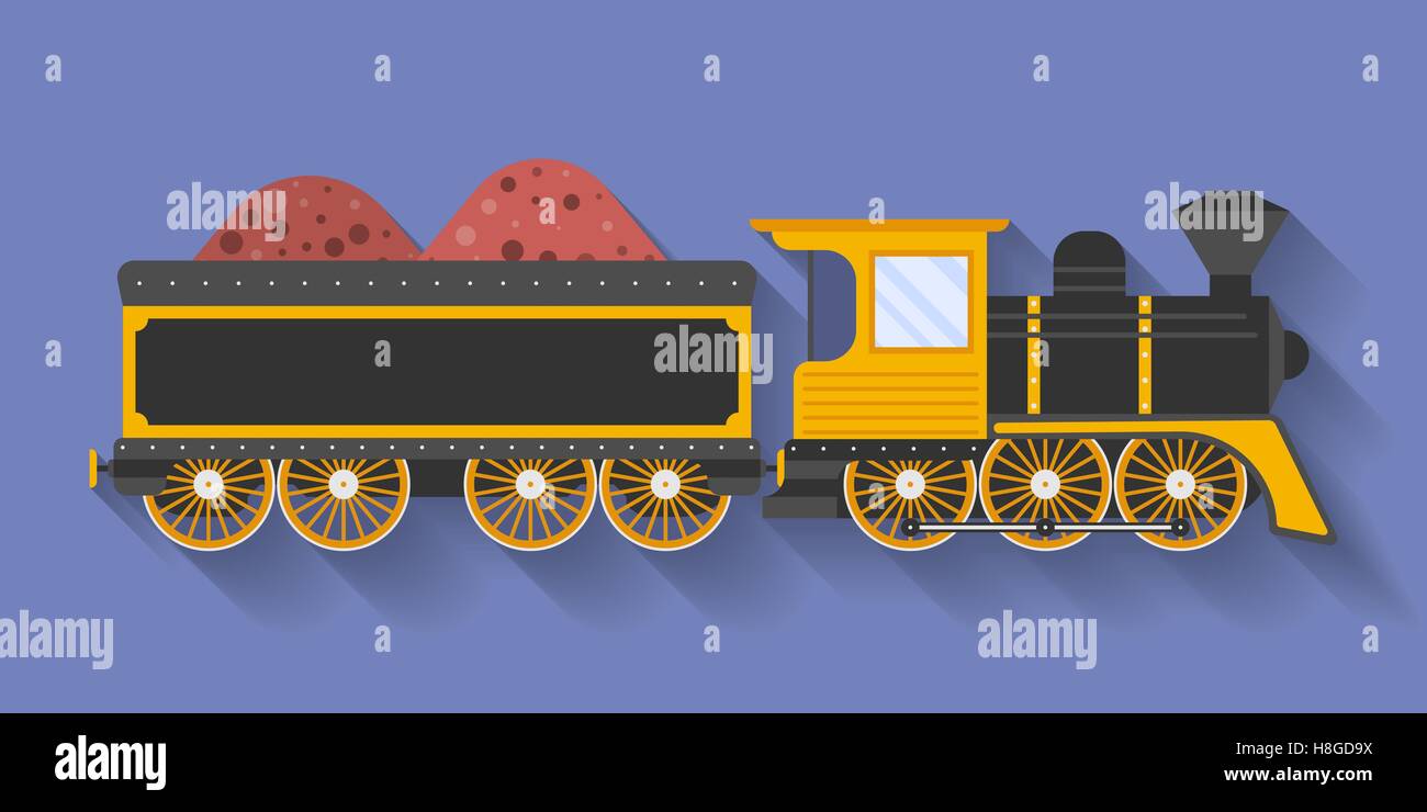 Icon of Steam Locomotive or Puffer with the wagon. Flat style Stock Vector