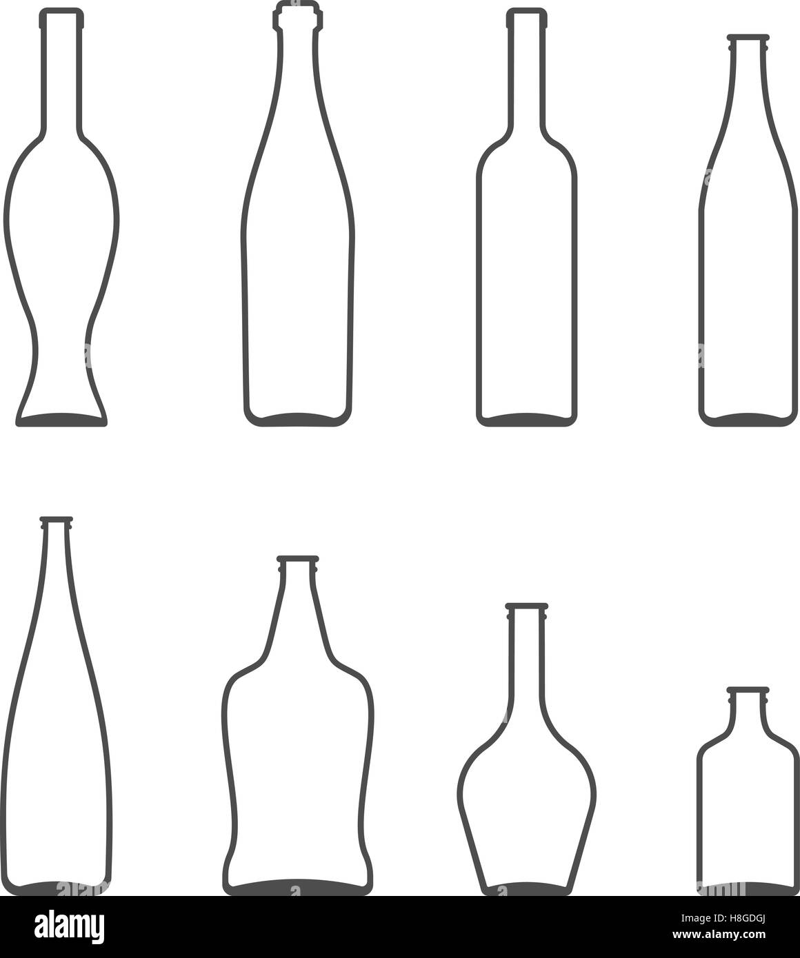 Set of Glass Bottles vector icons. Wine, beer, whiskey, liqueur, champagne and other Bottles silhouette or symbol Stock Vector