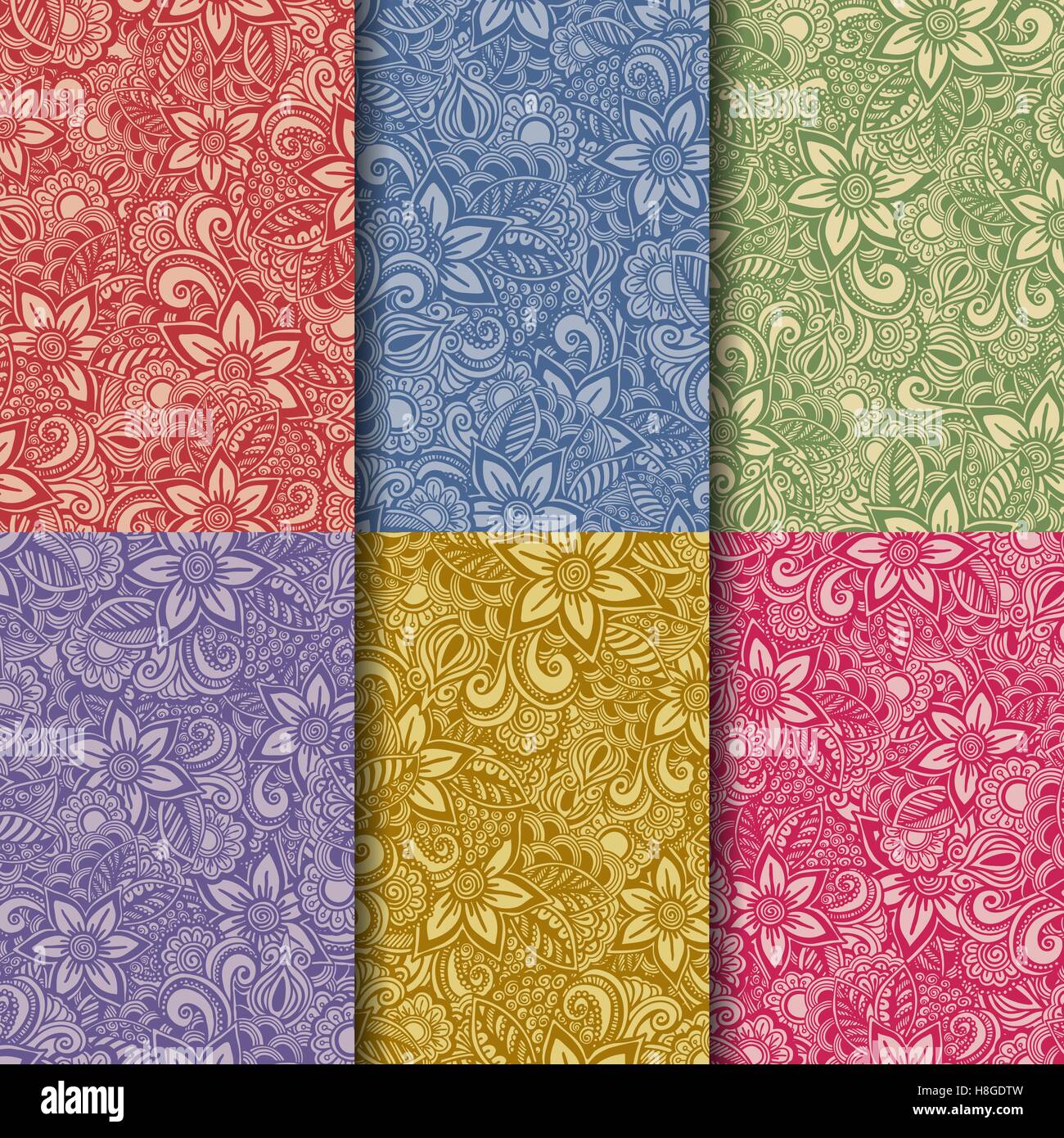 Set of Hand drawn seamless Flower patterns. Doodle style Stock Vector ...