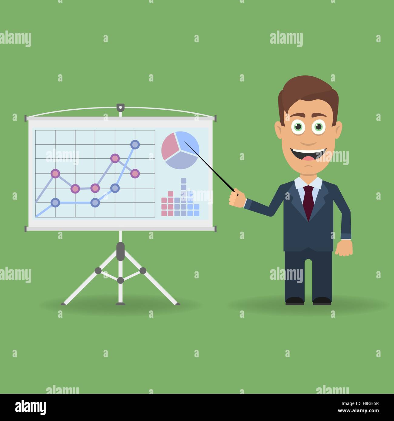Cartoon character with pointer near presentation stand with business charts and diagrams. Business lecture, seminar, report, pre Stock Vector