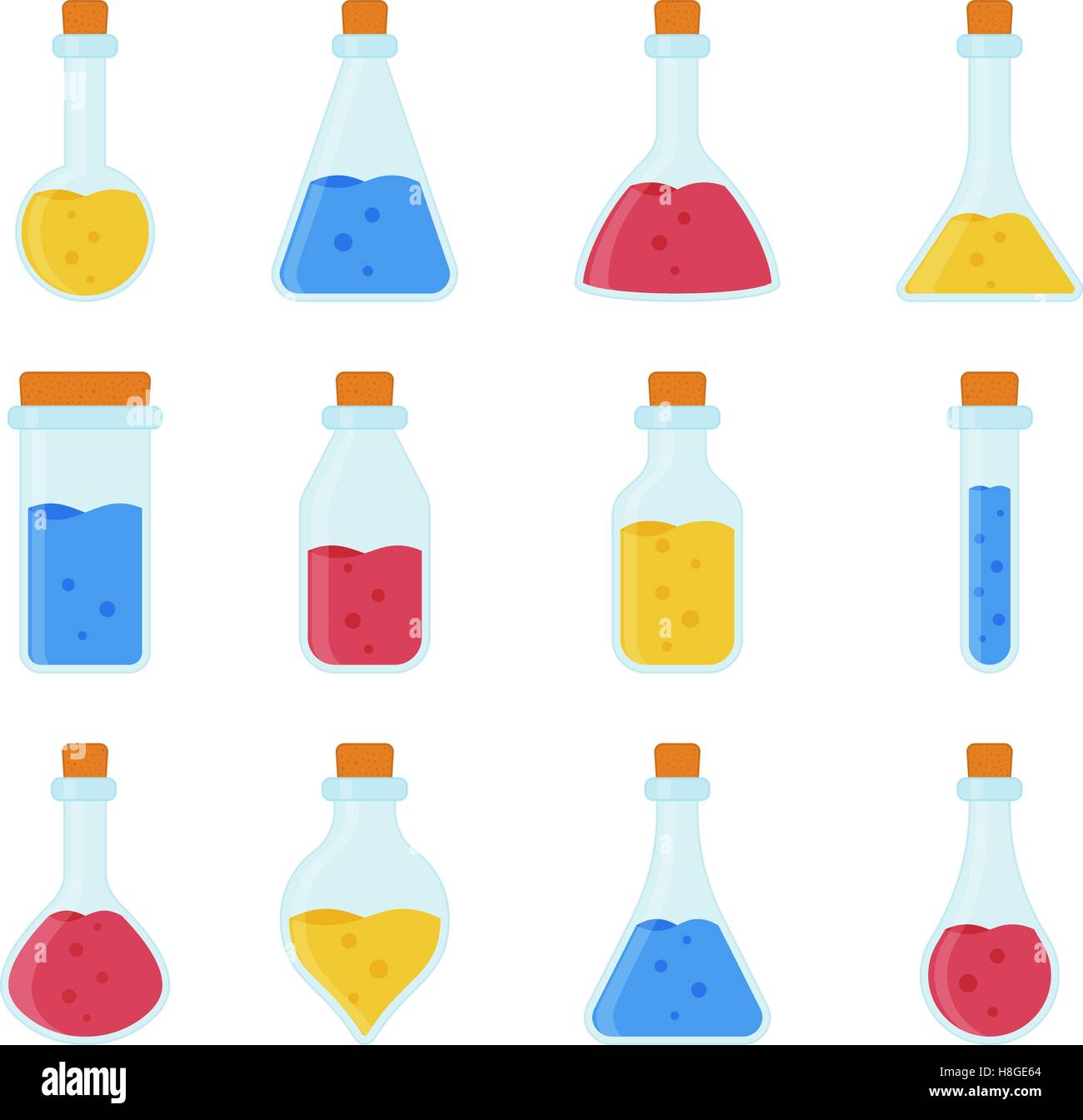 Chemical, biological science laboratory equipment - test tubes and flasks icons Stock Vector