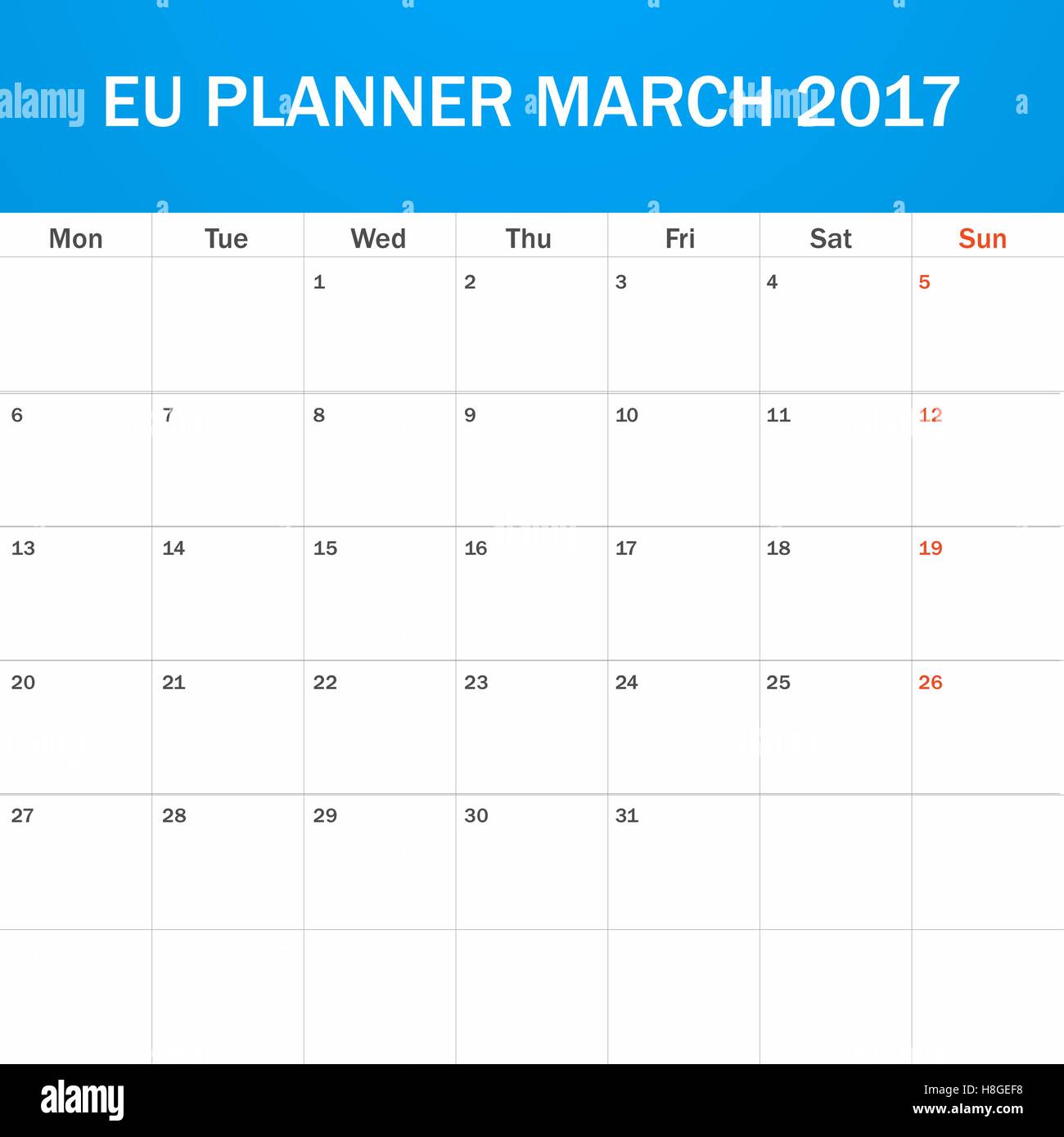 Messing Donker worden Archeologie EU Planner blank for March 2017. Scheduler, agenda or diary template. Week  starts on Monday Stock Vector Image & Art - Alamy