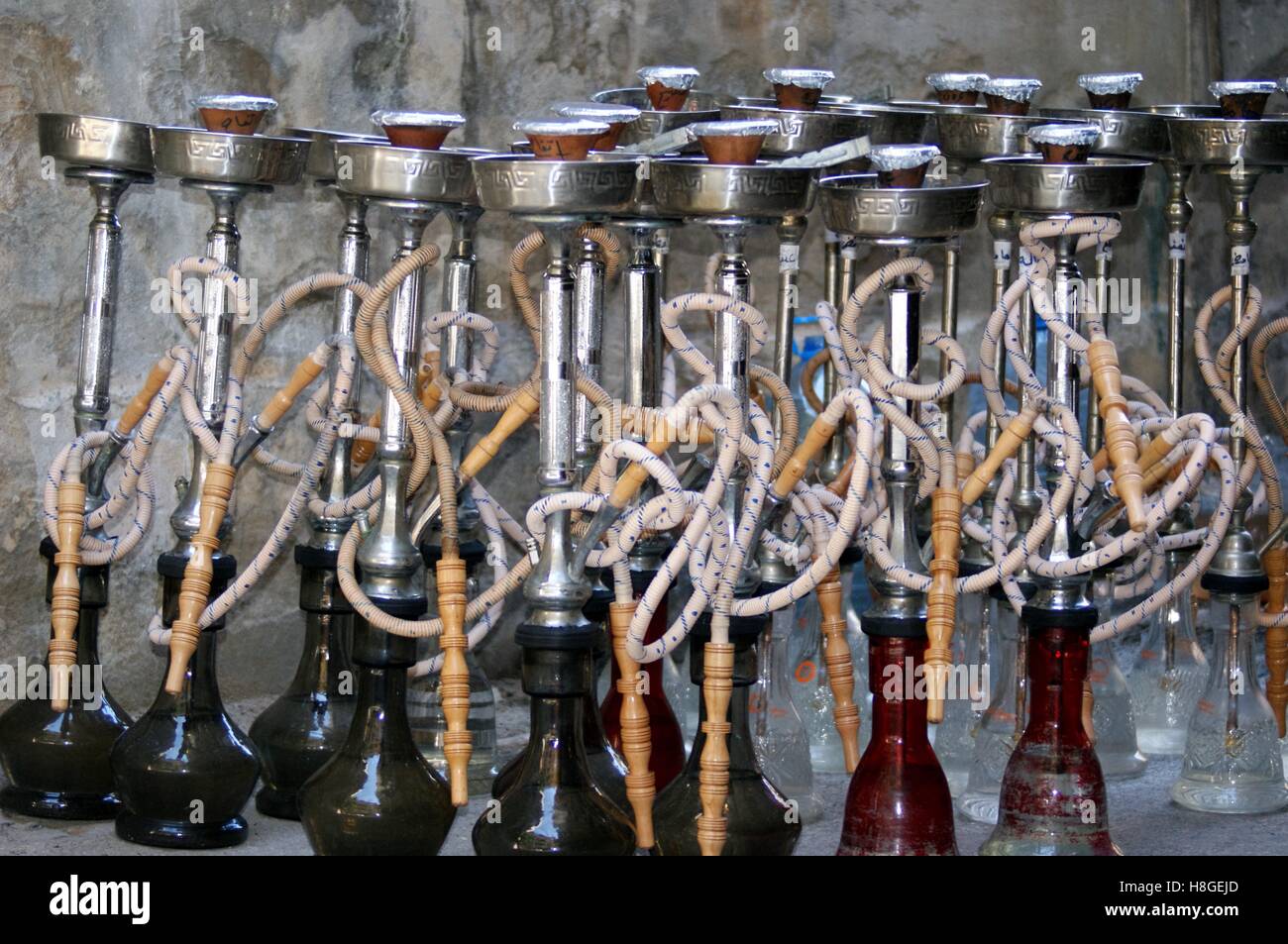 A group of shisha pipes, also known as argileh or narghile, outside a Beirut, Lebanon cafe. Stock Photo