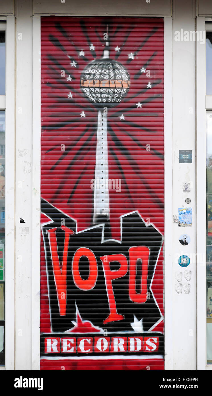 Vopo Record shop sign with TV Tower illustration fernsehturm on Danziger street in Prenzlauer Berg, Berlin  KATHY DEWITT Stock Photo