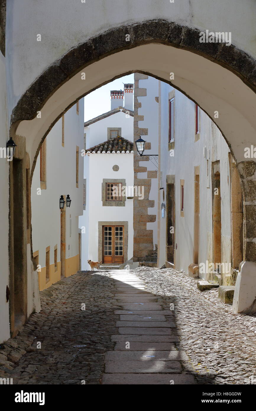 MARVAO, PORTUGAL A typical narrow cobbled street with whitewashed
