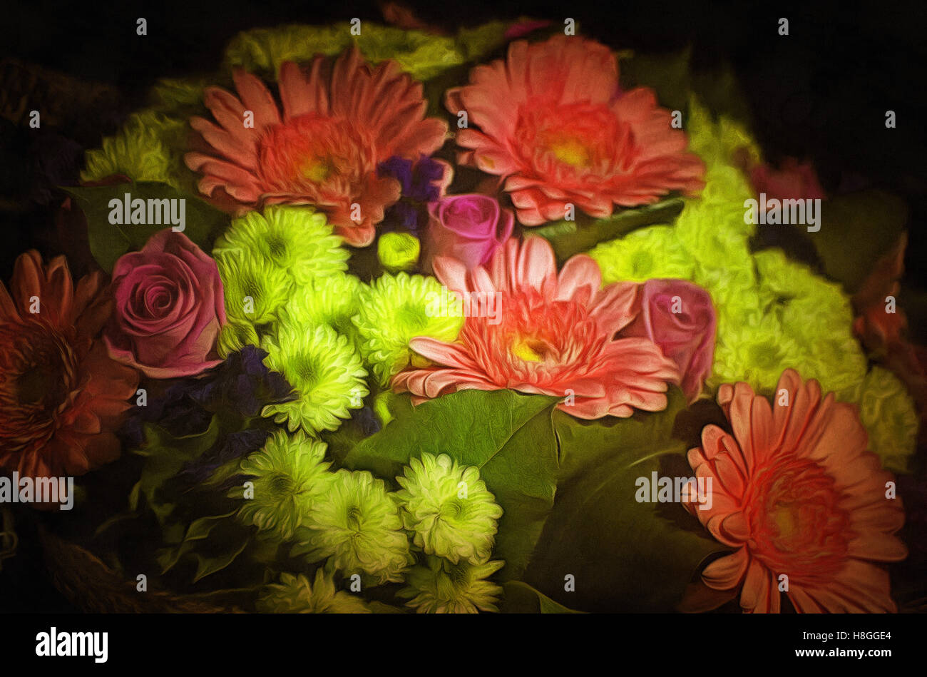 Gerberas, carnation,Illustrations flowers bouquet, painting,Chrysanthemum Stock Photo