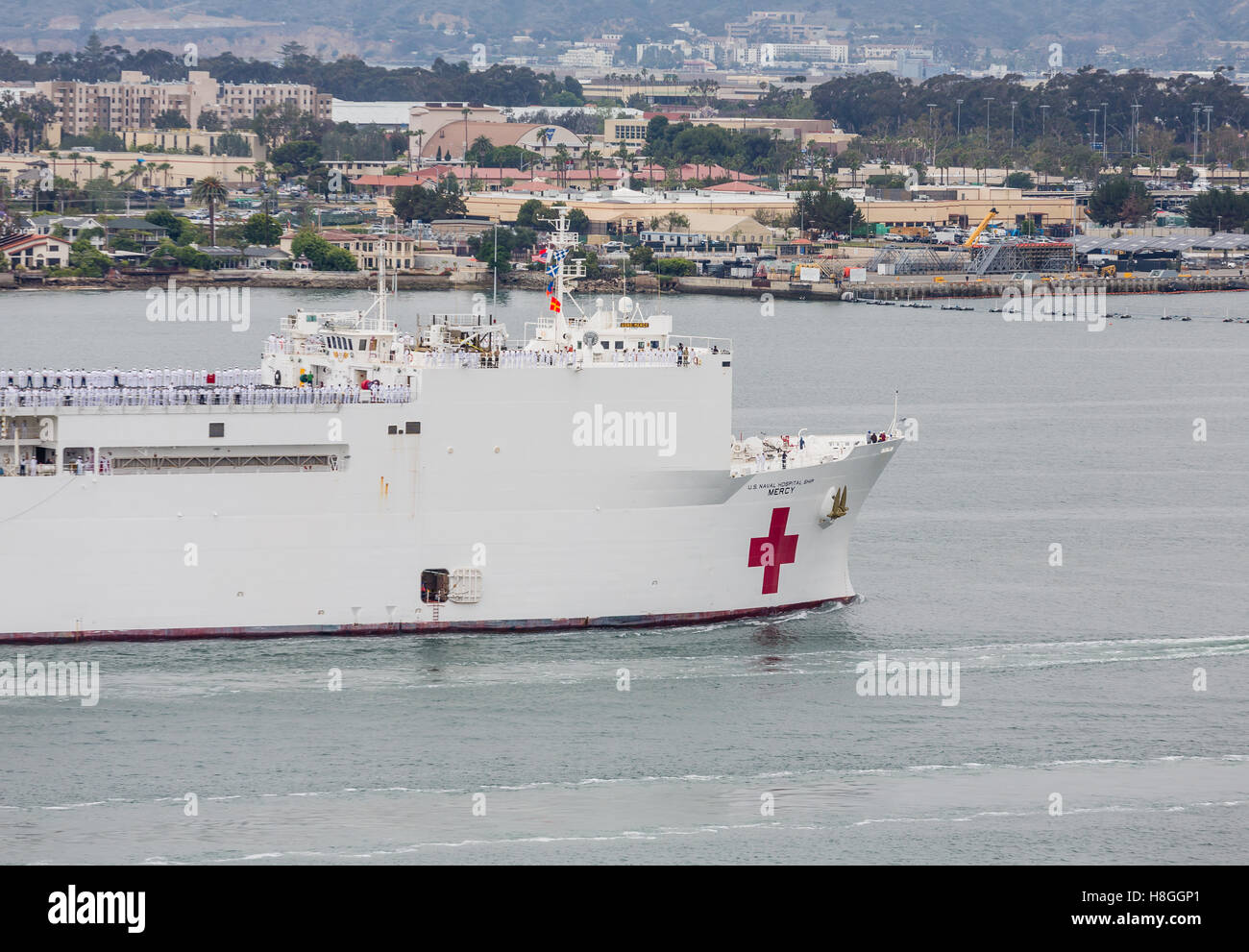 United States Naval Ship Mercy sailing into San Diego Harbor Stock