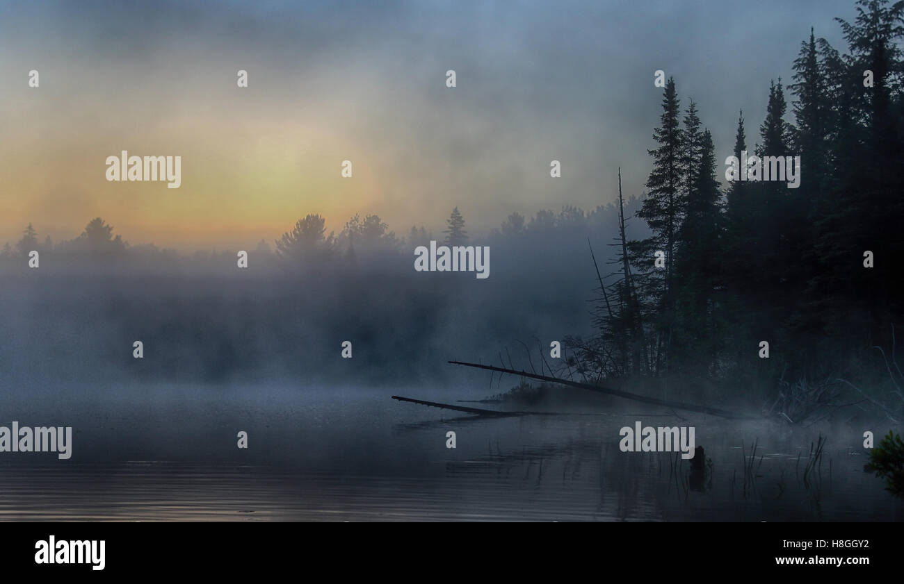 A quiet foggy morning on the lake in Canada Stock Photo