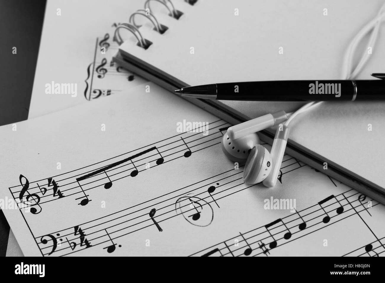 Sheet music with a number of accessories Stock Photo Alamy