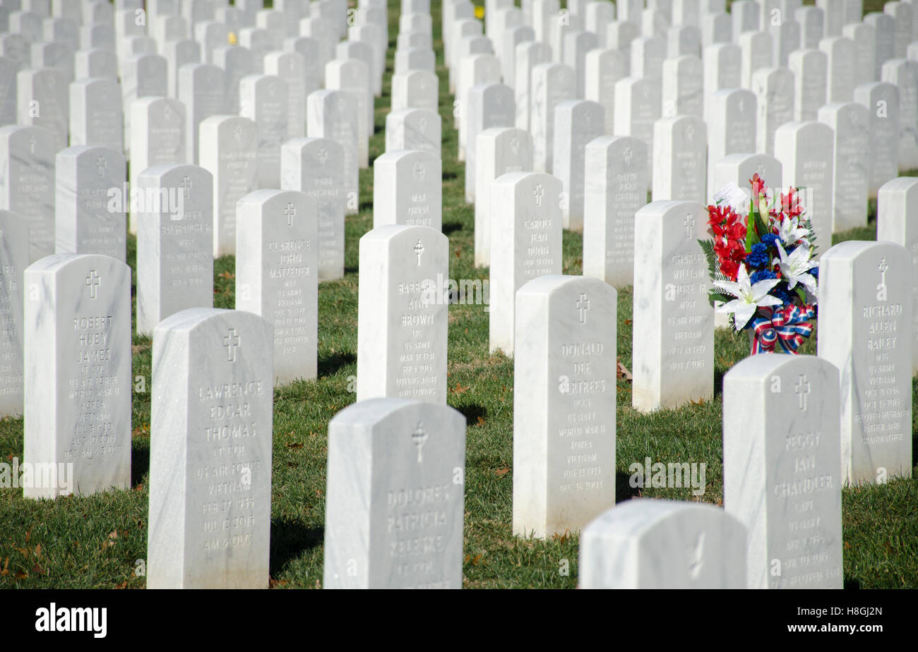 Red, white, and blue flowers add color to rows of white tombstones at Arlington National Cemetery. Stock Photo