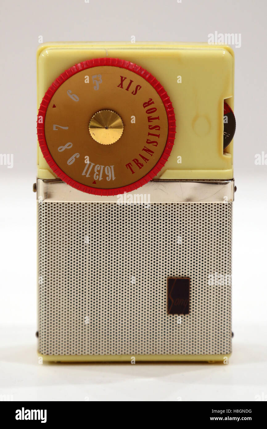 Tokyo, Japan. 12th Nov, 2016. Japan's electronics giant Sony displays the company's transistor radio receiver 'TR-63' produced in 1957, called pocketable radio at the company's retrospective exhibition 'It's a Sony exhibition' at the Sony building in Ginza in Tokyo on Saturday, November 12, 2016. Sony exhibited the company's historical products at the building which was built 50 years ago as Sony will close Sony's landnark Sony building on March 31, 2017 and will open Sony park in 2018 at the place. Credit:  Yoshio Tsunoda/AFLO/Alamy Live News Stock Photo