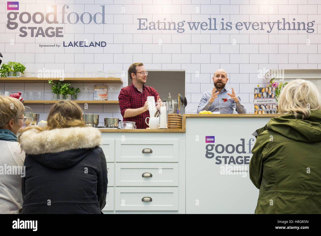 London,UK. 12th November 2016. Edd Kimber gives a cooking demo on the Good Food stage hosted by Barney Desmazery during the BBC Good Food Show. Edd is the winner of the BBC's Great British Bake Off. Credit:  Laura De Meo/ Alamy Live News Stock Photo