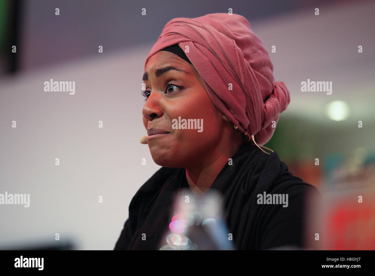 London, UK. 13 November, 2016. Nadiya Hussain, winner of The Great British Bake Off (GBBO) 2015, gives a cookery demonstration at the Aldi sponsored Supertheatre Stage at the BBC Good Food Show at Olympia London. Credit:  Dinendra Haria/Alamy Live News Stock Photo