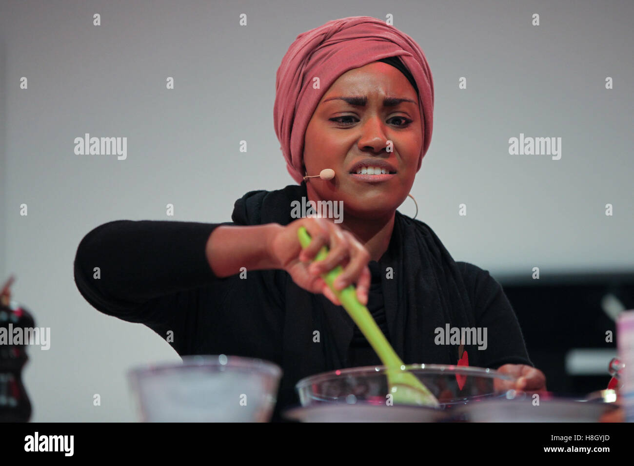 London, UK. 13 November, 2016. Nadiya Hussain, winner of The Great British Bake Off (GBBO) 2015, gives a cookery demonstration at the Aldi sponsored Supertheatre Stage at the BBC Good Food Show at Olympia London. Credit:  Dinendra Haria/Alamy Live News Stock Photo