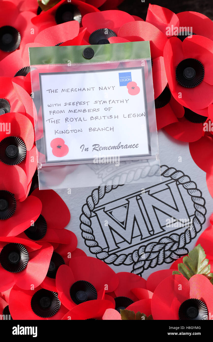 Kington, Herefordshire, UK - 13th November, 2016. A wreath in honour of the Merchant Navy laid at the war memorial in Kington Herefordshire on Remembrance Sunday. Photo Steven May / Alamy Live News Stock Photo