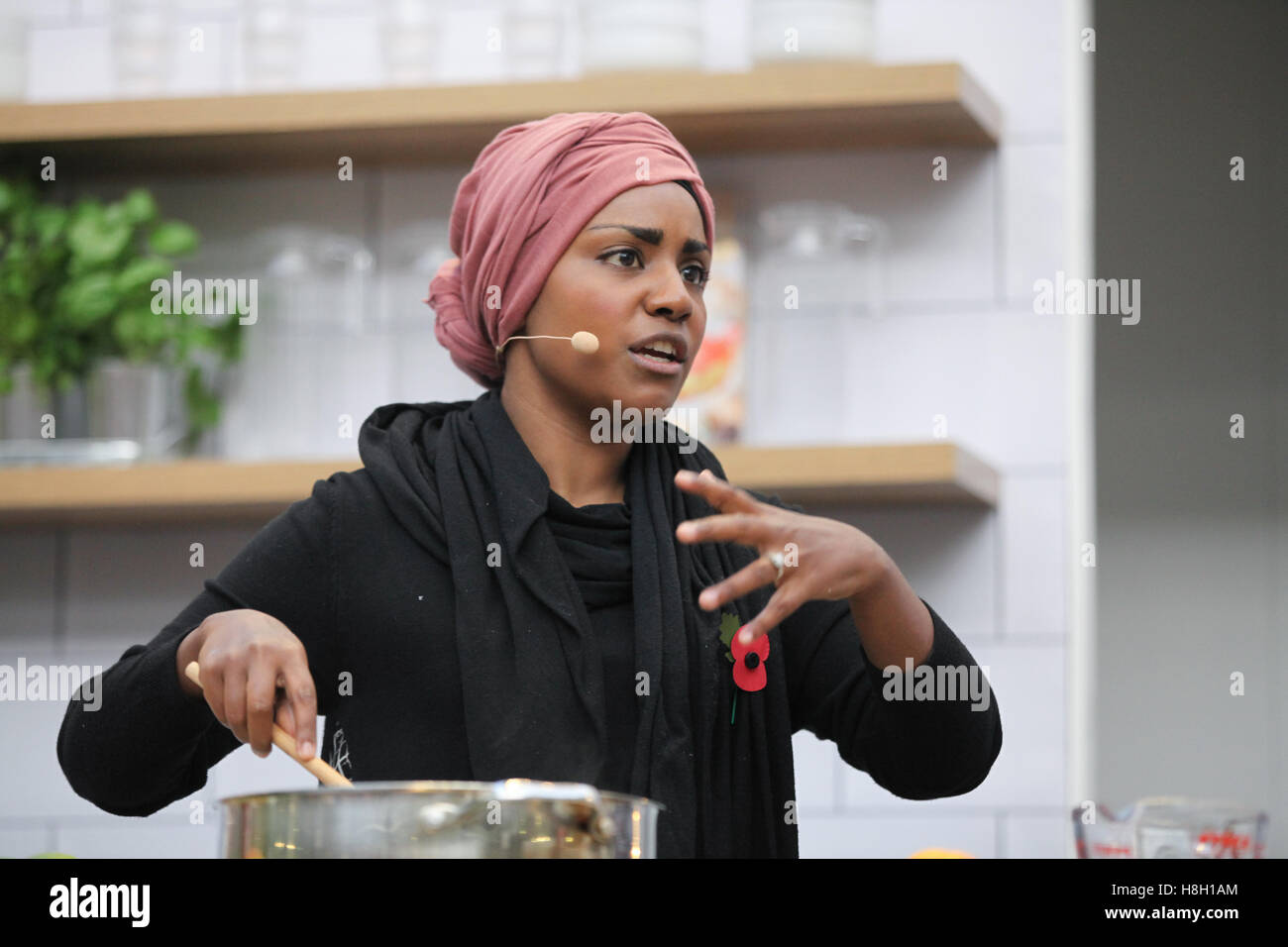 Olympia, London, UK - 13 Nov 2016  Nadiya Hussain, winner of The Great British Bake Off (GBBO) 2015 gives a cookery demonstration at BBC Good Food Stage sponsored by Lakeland and hosted by Barney Desmazery. Credit:  Dinendra Haria/Alamy Live News Stock Photo