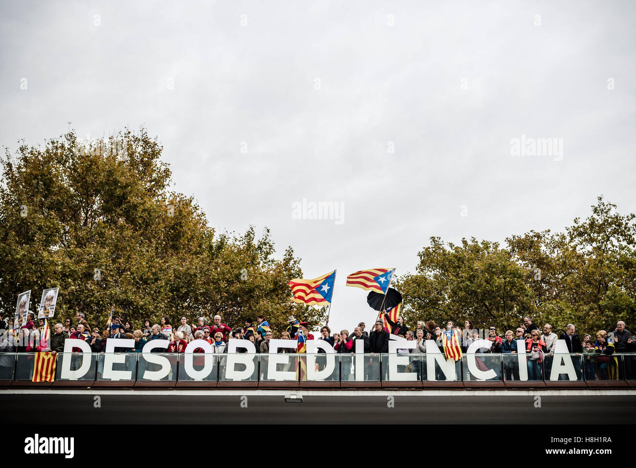 Barcelona, Spain. 13 November, 2016:  Demonstrators protest with letters building the word 'desobedencia' as tens of thousands of pro-independence Catalans gather at Barcelona's Montjuic Fountains to protest legal persecution of Catalan pro-secession politicians and Catalonia Credit:  matthi/Alamy Live News Stock Photo