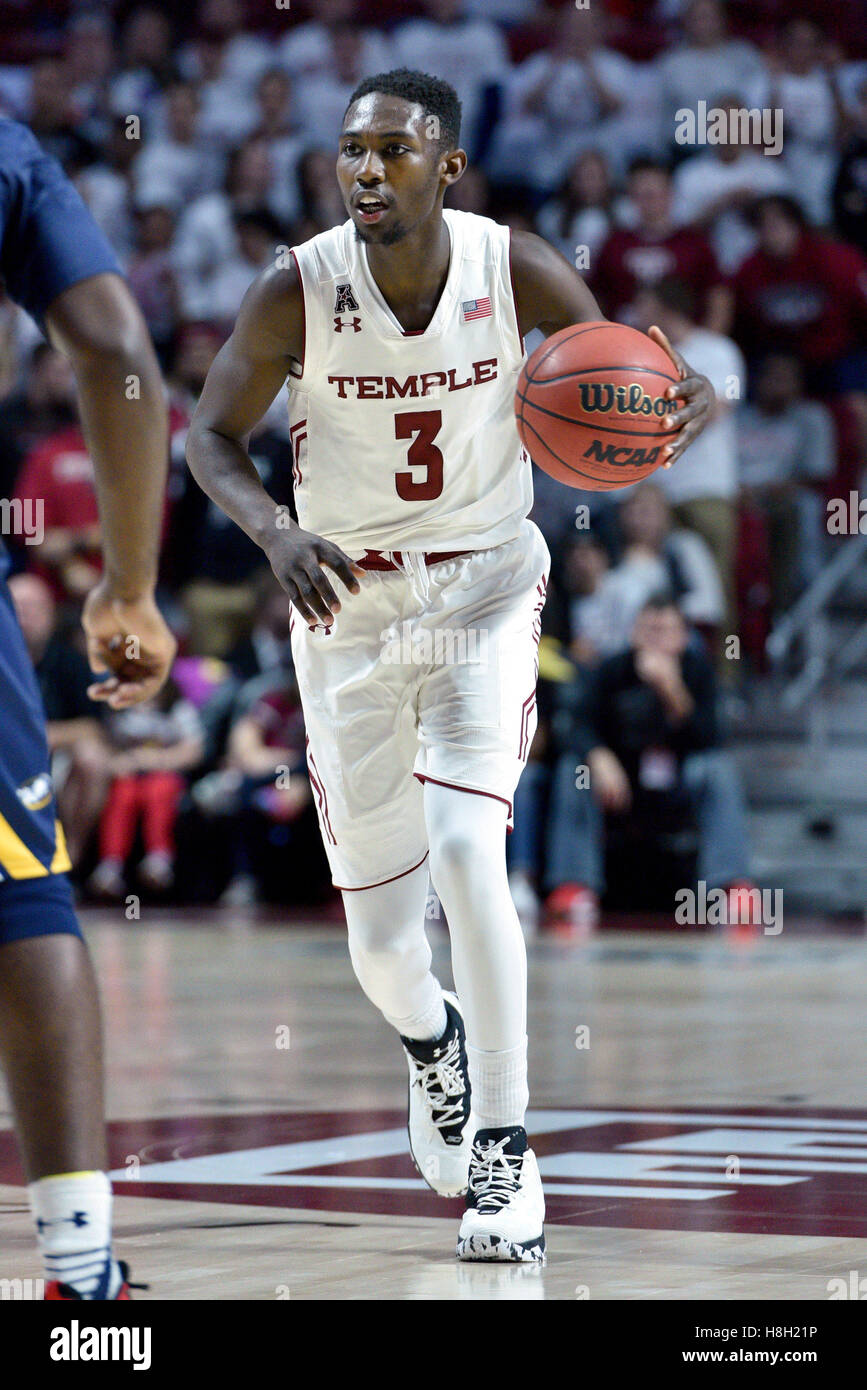 Philadelphia, Pennsylvania, USA. 11th Nov, 2016. Temple Owls guard LEVAN SHAWN ''SHIZZ'' ALSTON JR. (3) brings the ball up court during the Big 5 basketball game being played at the Liacouras Center in Philadelphia. Temple beat LaSalle 97-92 in overtime. © Ken Inness/ZUMA Wire/Alamy Live News Stock Photo