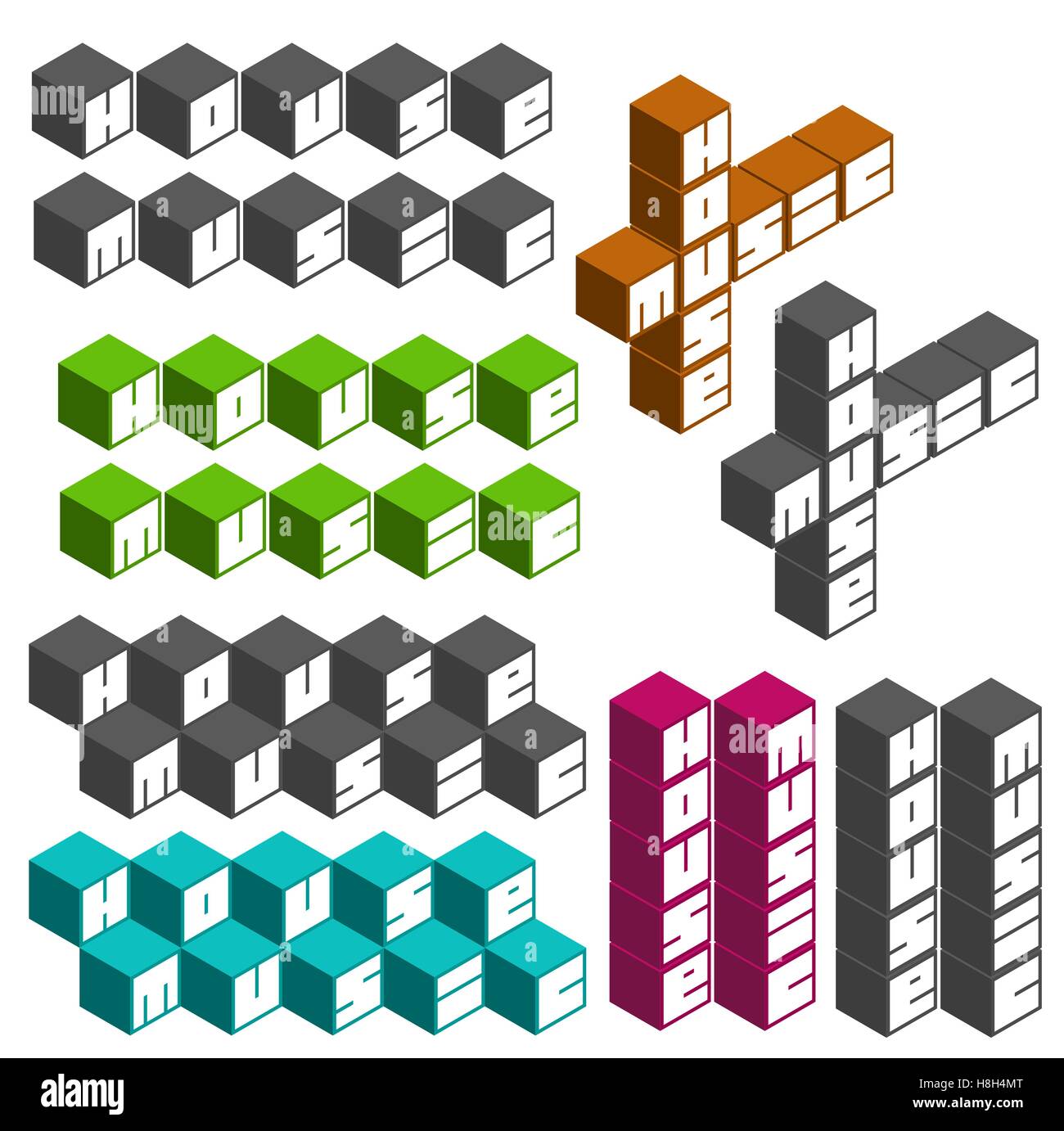 house music party cubic square fonts in different colors Stock Vector