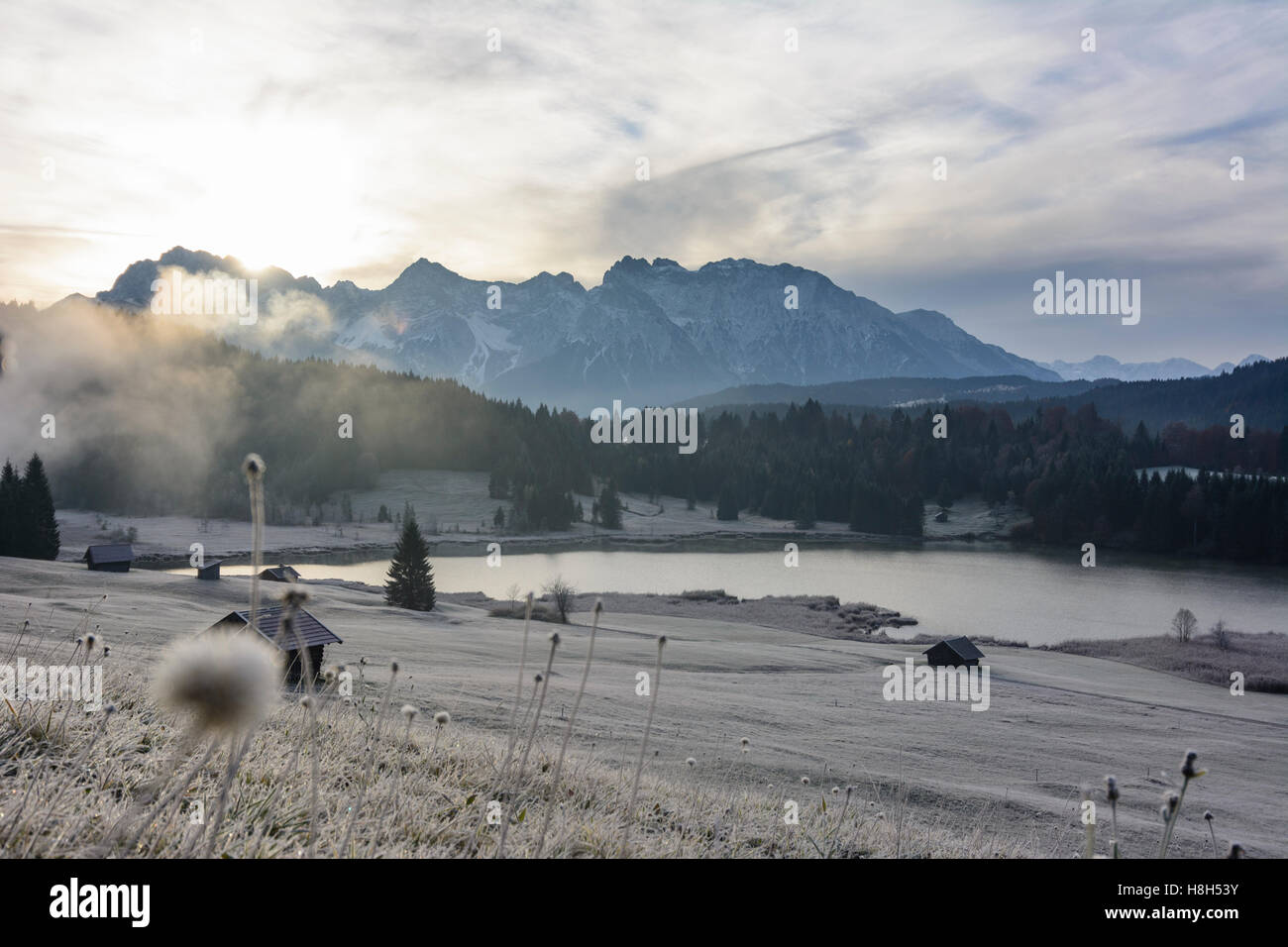 Krün: lake Geroldsee (Wagenbrüchsee), alpine pasture alp, mountain Karwendel, mist, Oberbayern, Upper Bavaria, Bayern, Bavaria,  Stock Photo