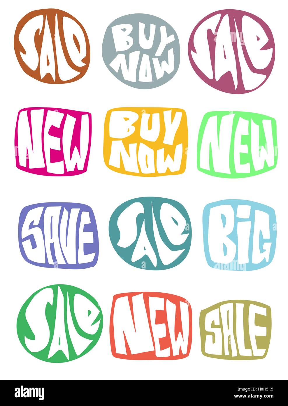 sale slogan button collection in multiple color over white Stock Vector