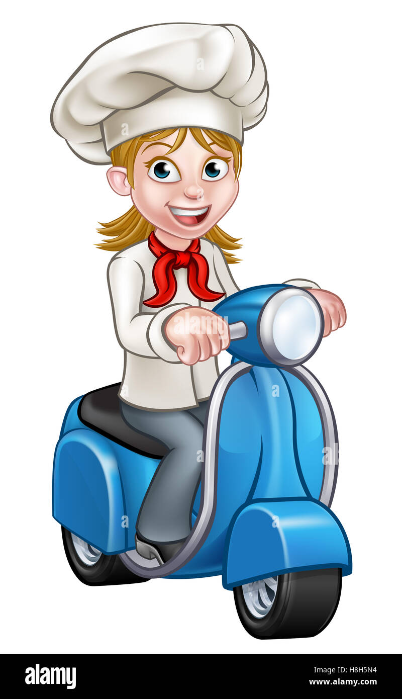 Cartoon woman chef or baker character riding a delivery moped motorbike scooter Stock Photo