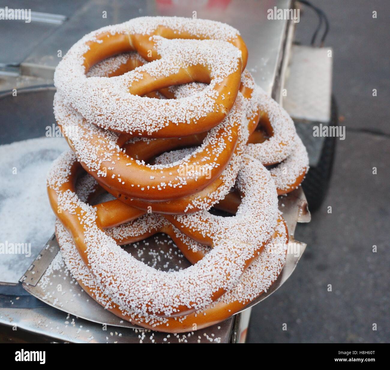 Salted pretzels sold on a street corner in New York City Stock Photo