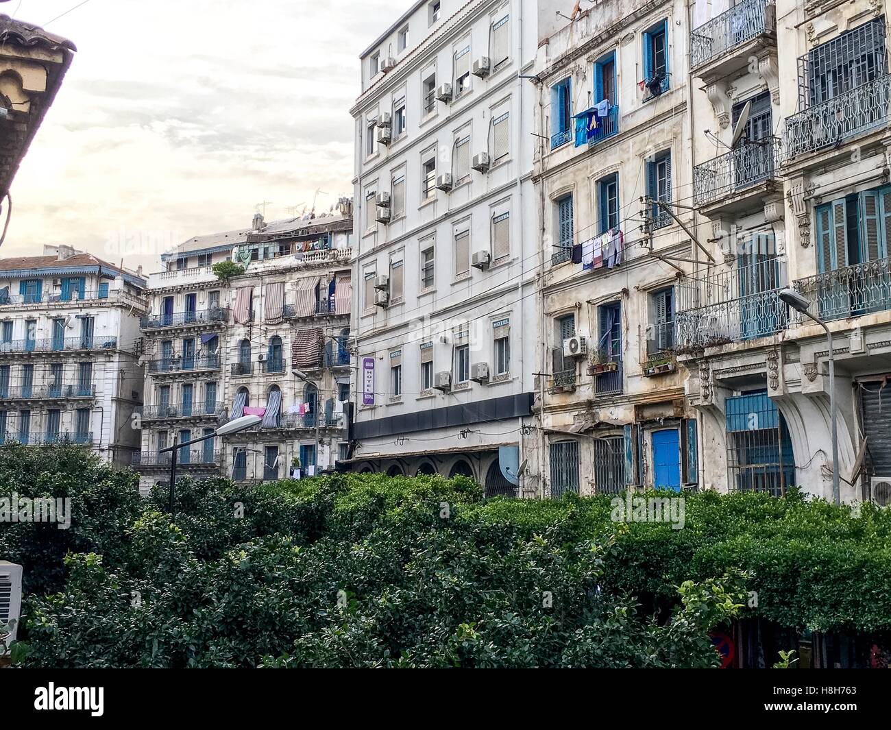 French colonial side of the city of Algiers Algeria.Modern city has many old french type buildings. Stock Photo
