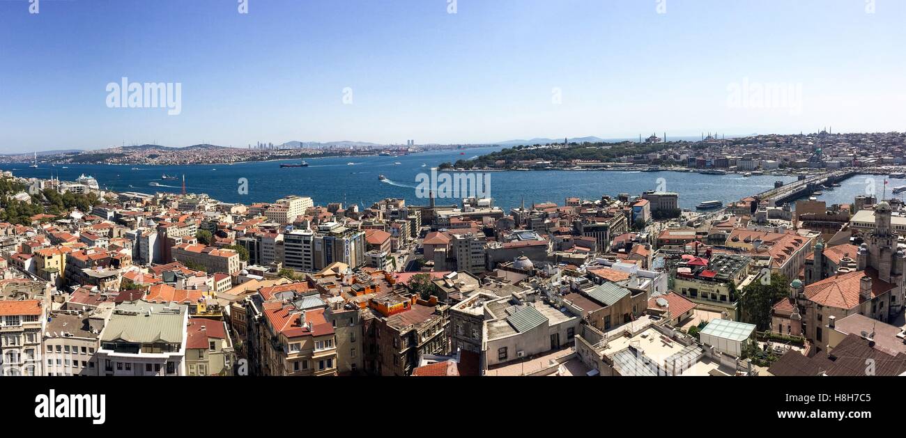 Panaromic view of two istanbul bridges halic metro bridge, and galata bridge from Galata Tower. Stock Photo