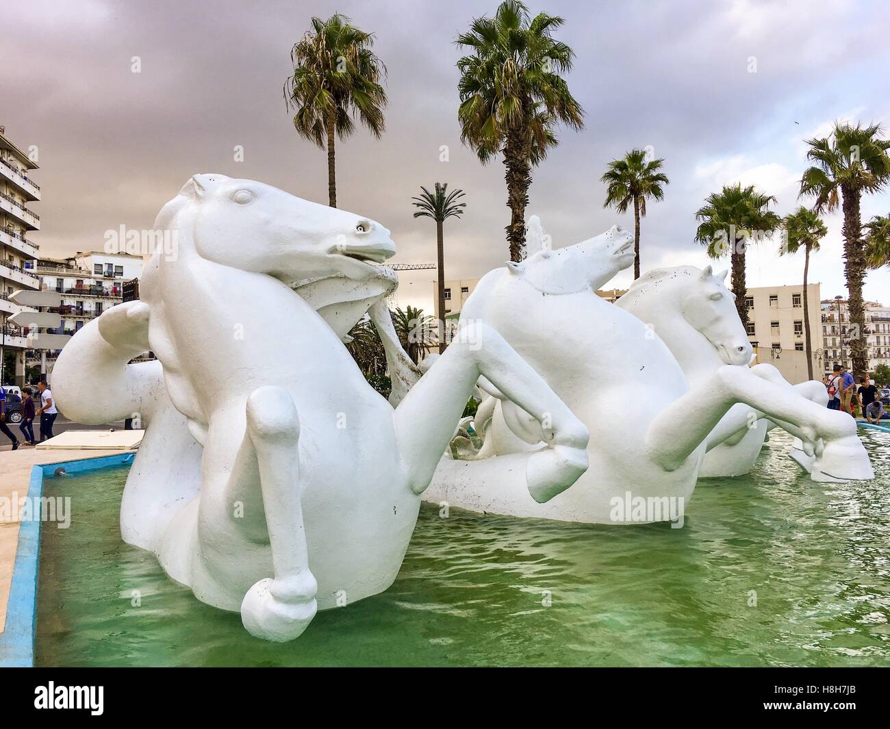 Sculpture of horse and swimming pool in front of National institute of music of Algiers. Pool and Institute is located near by old city Casbah. Stock Photo