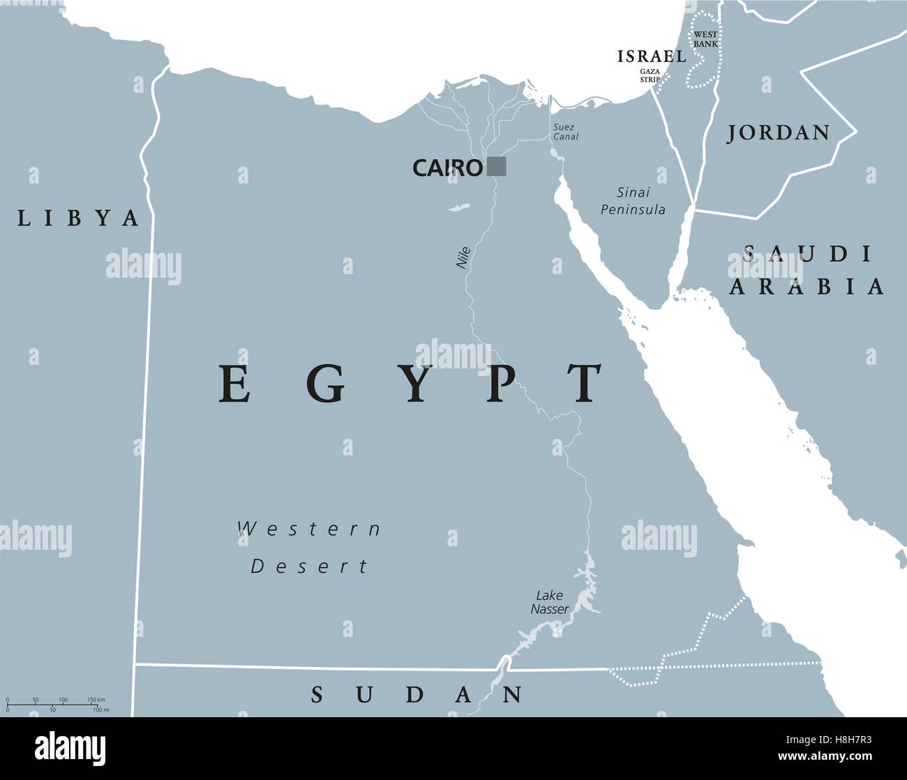 Egypt political map with capital Cairo, with Nile, Sinai Peninsula and Suez Canal. Arab Republic of Egypt. Stock Photo