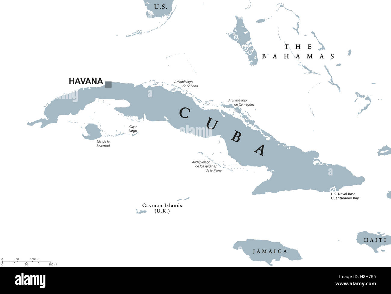 Cuba political map with capital Havana. Republic in the northern Caribbean with the neighbor countries Jamaica and Haiti. Stock Photo