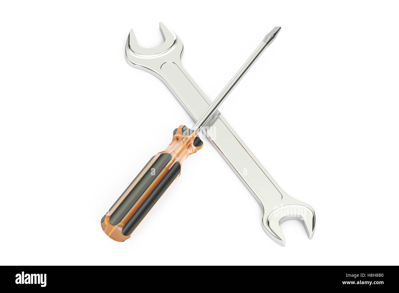 crossed screwdriver and wrench, repair and service concept. 3D