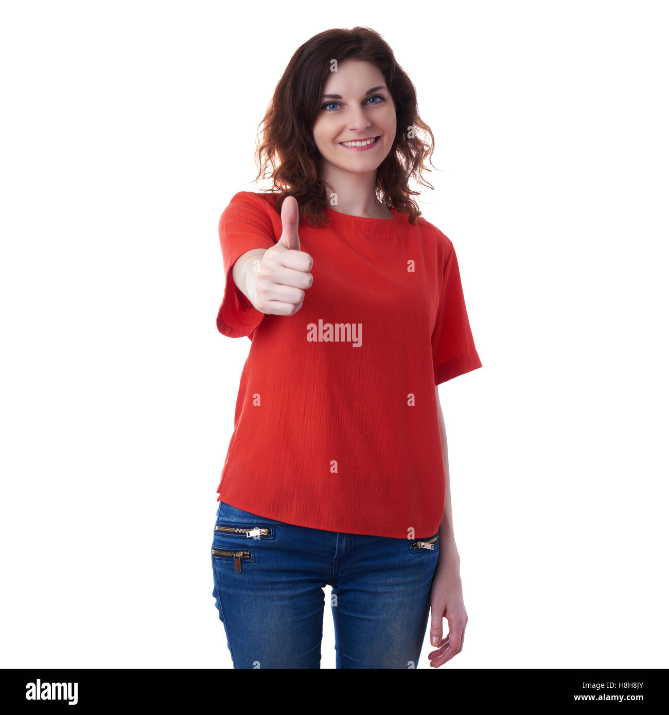 Smiling young woman over white isolated background Stock Photo - Alamy