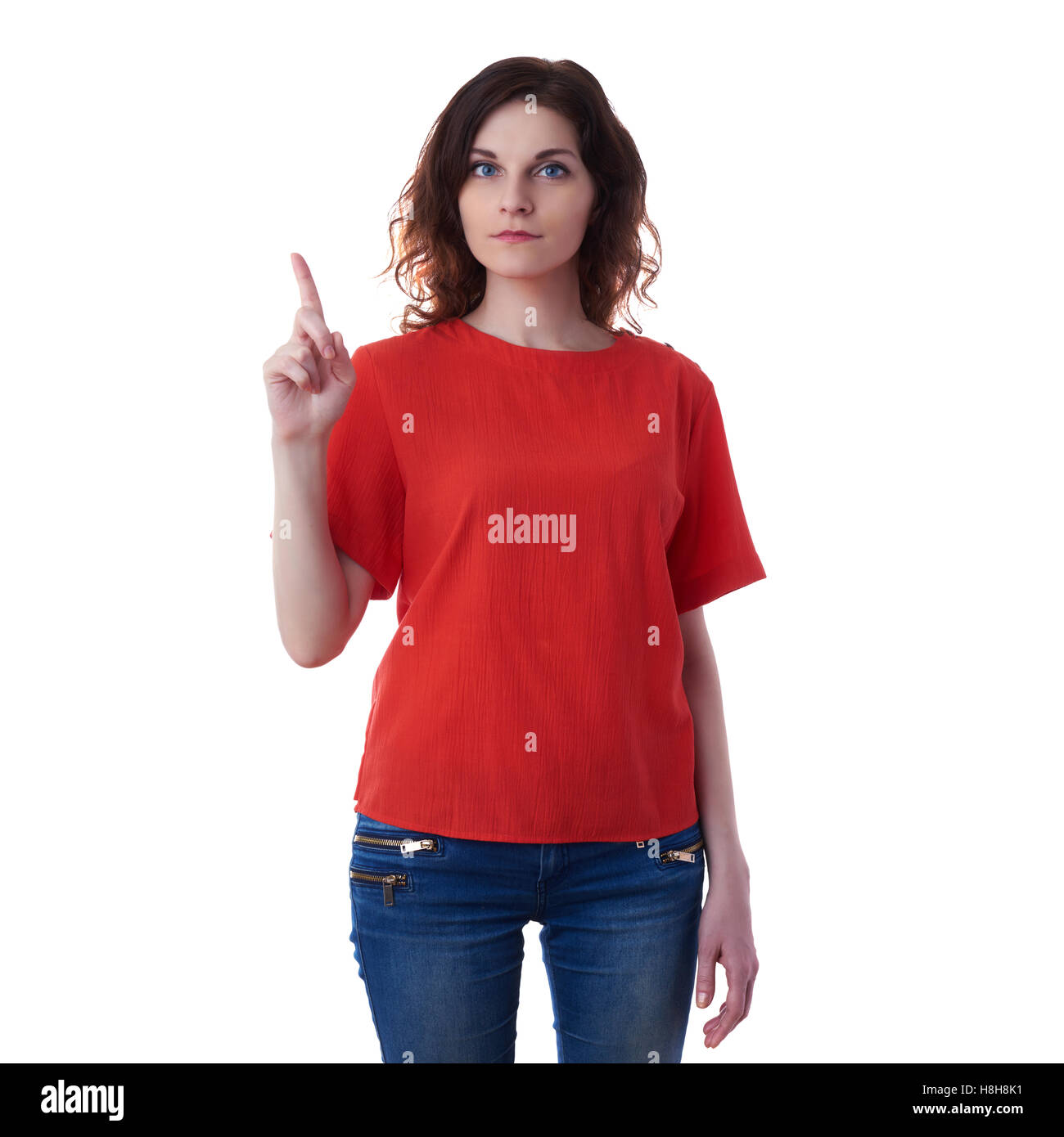 Smiling young woman over white isolated background Stock Photo - Alamy