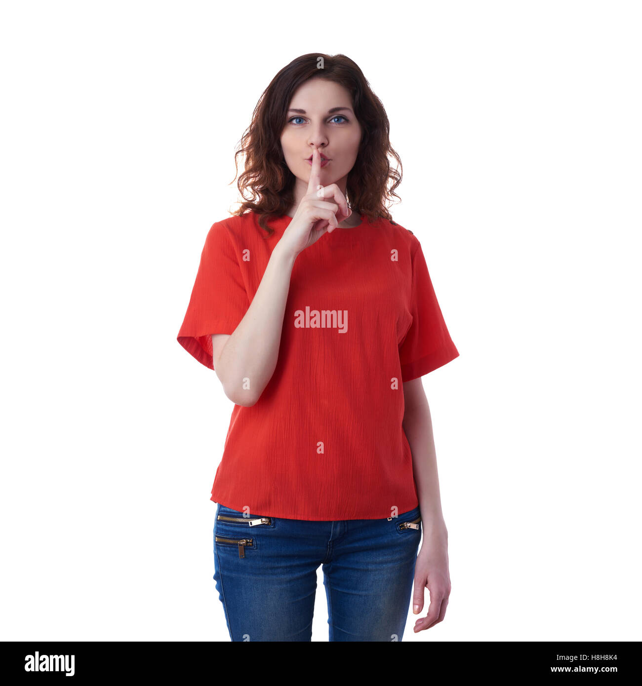 Smiling young woman over white isolated background Stock Photo - Alamy