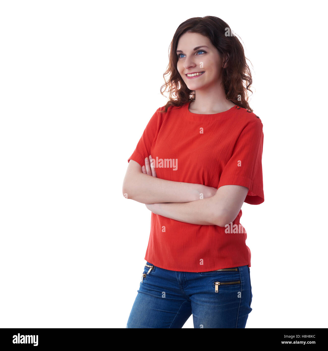 Smiling young woman over white isolated background Stock Photo - Alamy