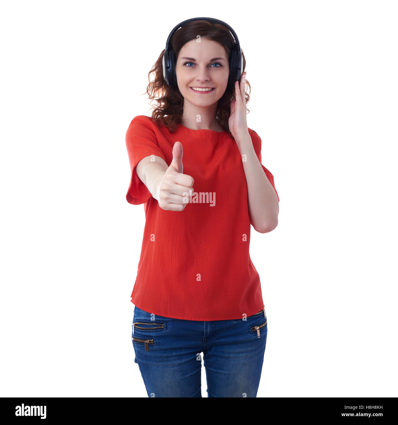 Smiling young woman over white isolated background Stock Photo - Alamy