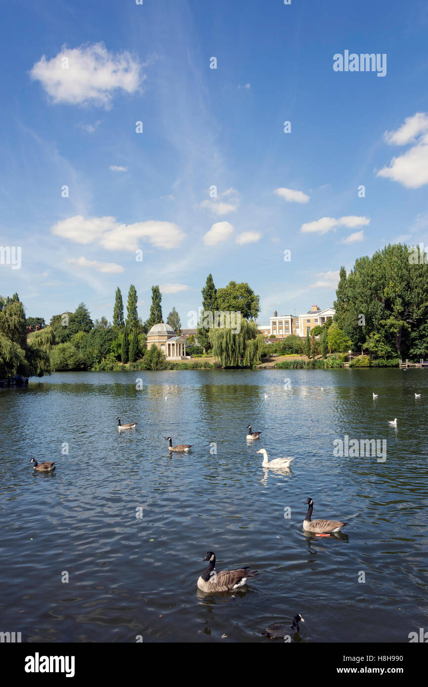 Garrick's Temple across River Thames from Hurst Park, West Molesey, Surrey, England, United Kingdom Stock Photo
